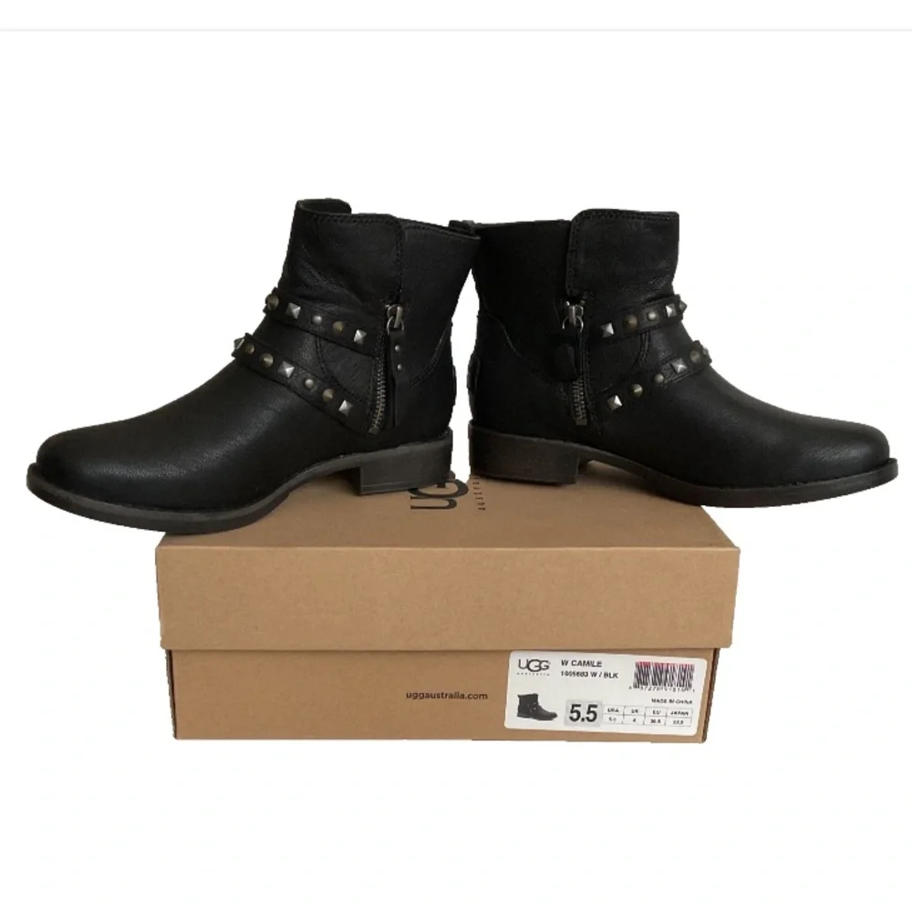 UGG CAMILE ANKLE Moto Biker Black Leather Boots Size 5.5 New - Picture 5 of 14